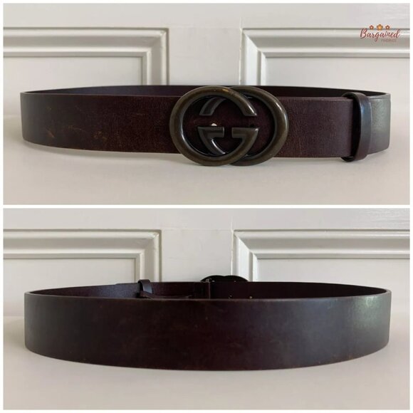 Authentic Gucci Dark Brown Calfskin Dark Bronze Interlocking G Buckle Belt 90/36 - Picture 5 of 13